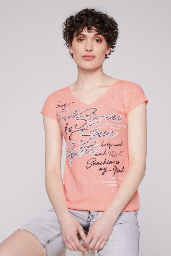 Ärmelloses V-Shirt mit Wording Print orange crush