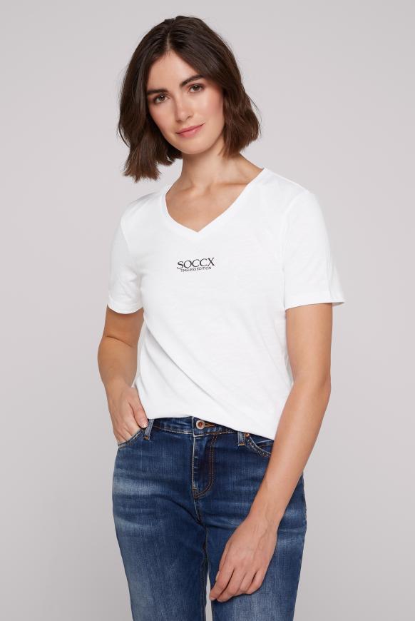 Basic T-Shirt mit V-Ausschnitt und Logo opticwhite