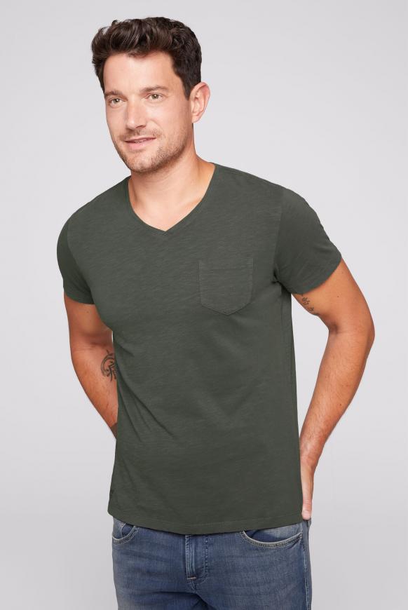 Basic T-Shirt mit V-Neck und Brusttasche dark olive