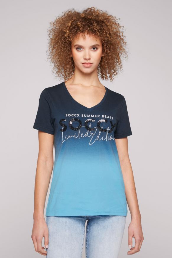 Dip Dye V-Shirt mit Pailletten-Logo blue navy / summer aqua