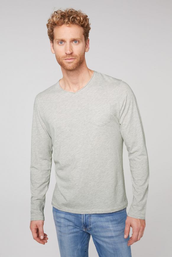 Langarmshirt mit V-Neck und Tasche beige melange