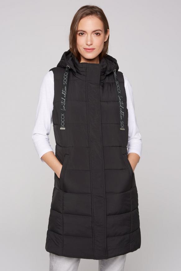 Lange Steppweste mit abtrennbarer Kapuze black