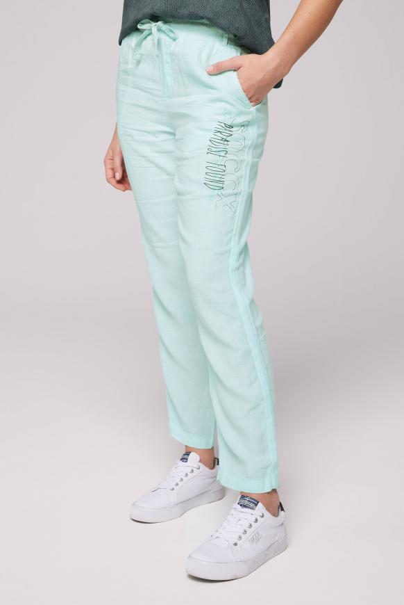 Leinenhose mit Seitentape und Label Print exotic aqua