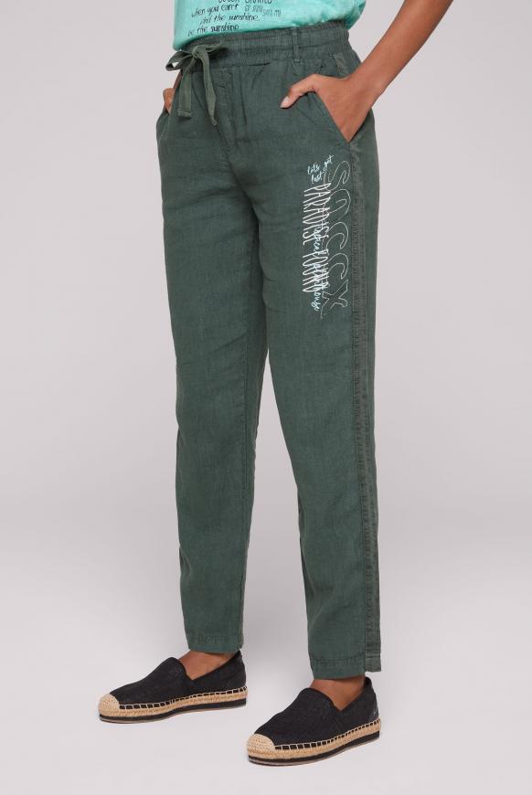 Leinenhose mit Seitentape und Label Print green leaf
