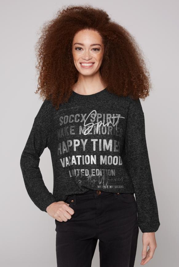 Pullover im Materialmix mit Glitzer-Print black melange