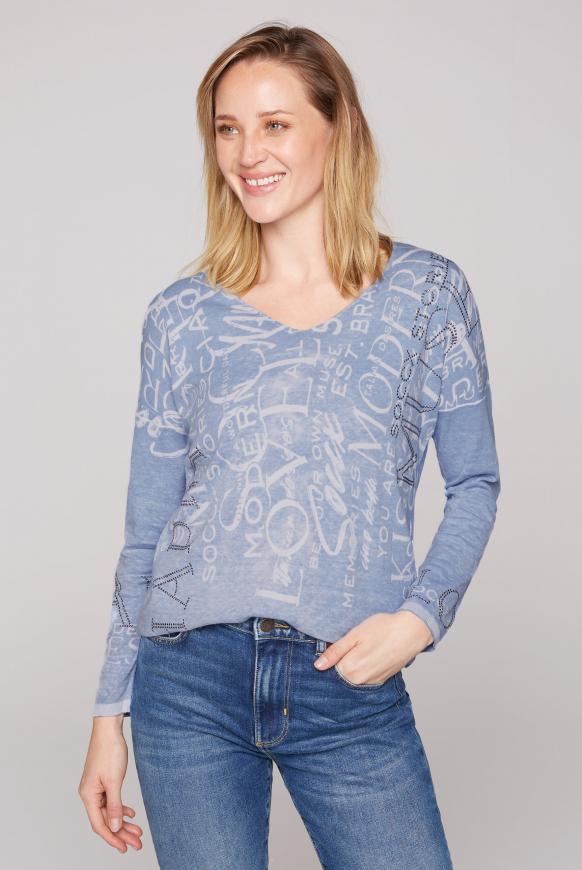Pullover mit Glitzerstein-Wording happy blue