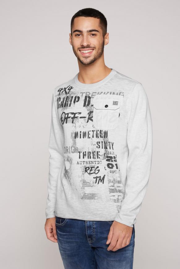 Pullover mit Used Look, Print und Tasche silvery