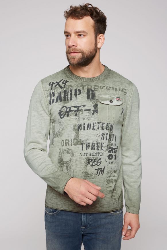 Pullover mit Used Look, Print und Tasche khaki