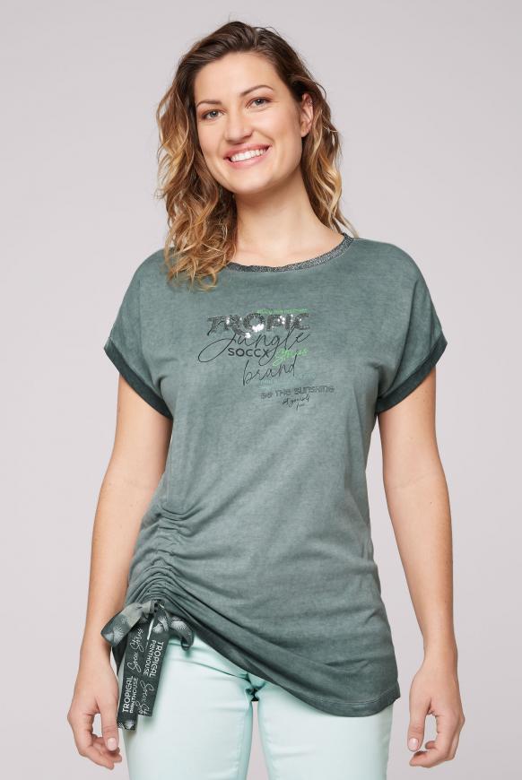 T-Shirt mit Raffung und Pailletten-Artwork green leaf