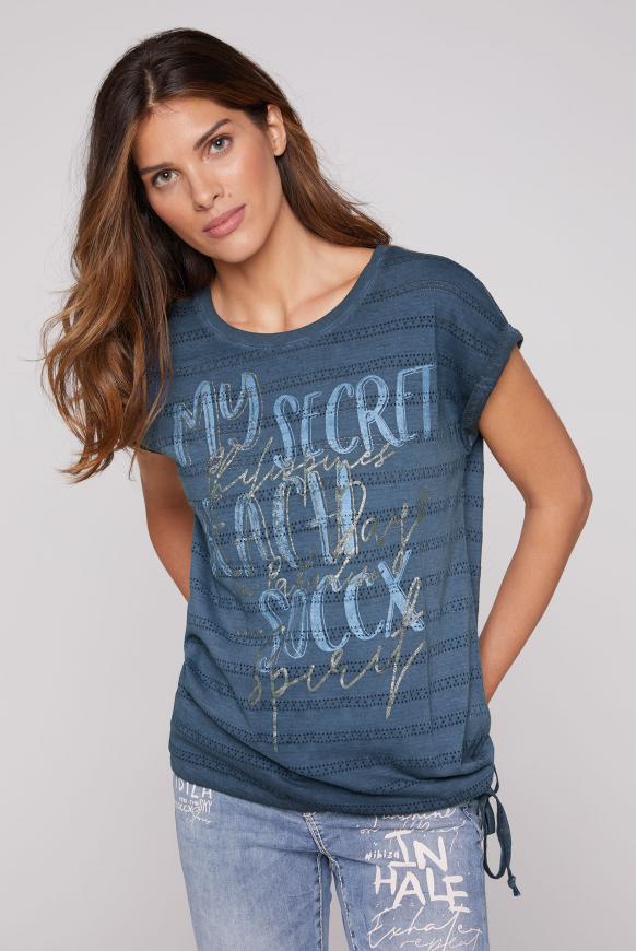 T-Shirt mit Strukturstreifen und Glitter Print sea blue