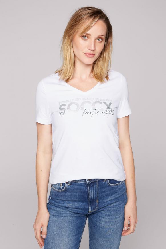 T-Shirt mit V-Ausschnitt und Artwork opticwhite