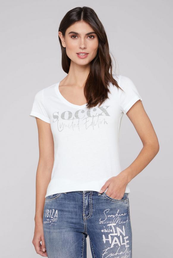T-Shirt mit V-Ausschnitt und Glitter Print opticwhite