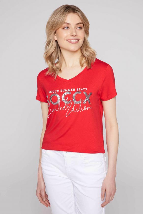 T-Shirt mit V-Ausschnitt und Pailletten-Logo red heat