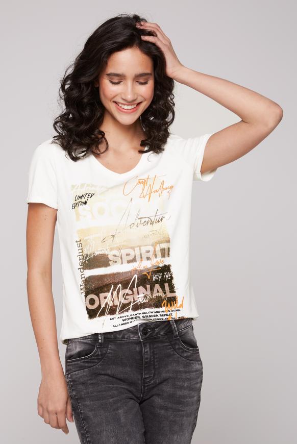 T-Shirt mit V-Ausschnitt und Print ivory