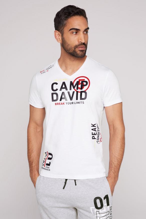 T-Shirt mit V-Neck und Rubber Prints opticwhite