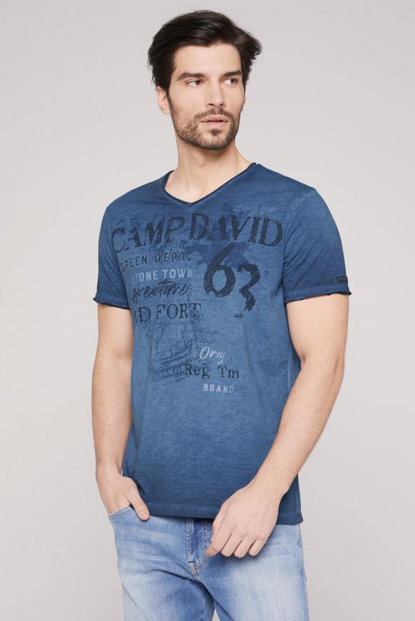 T-Shirt mit V-Neck und Used-Optik blue river