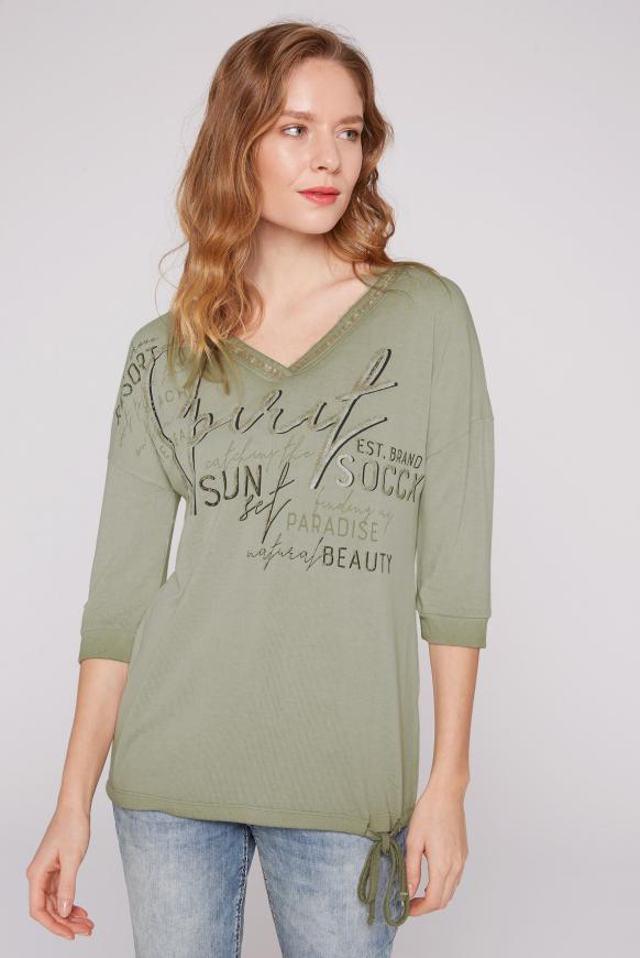 V-Shirt mit Glitter Print und ¾-Ärmeln