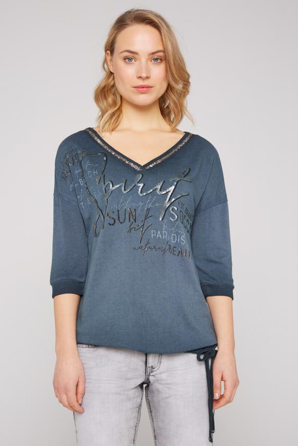 V-Shirt mit Glitter Print und ¾-Ärmeln