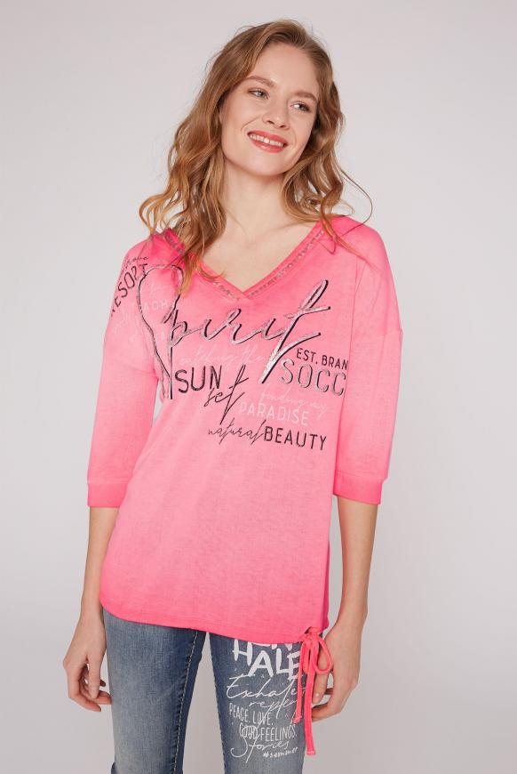 V-Shirt mit Glitter Print und ¾-Ärmeln