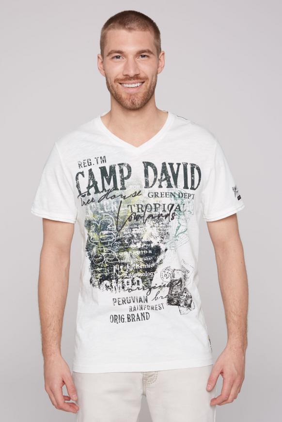 V-Shirt mit Prints und Stickereien ivory
