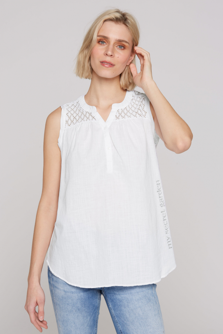 Ärmellose Bluse mit Ajour-Einsatz opticwhite
