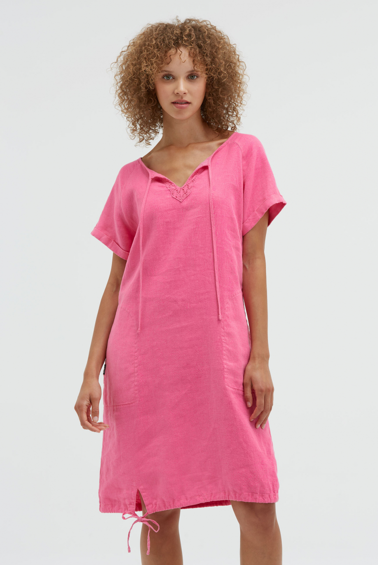 Ballonkleid aus Leinen mit Ajour-Details floral pink