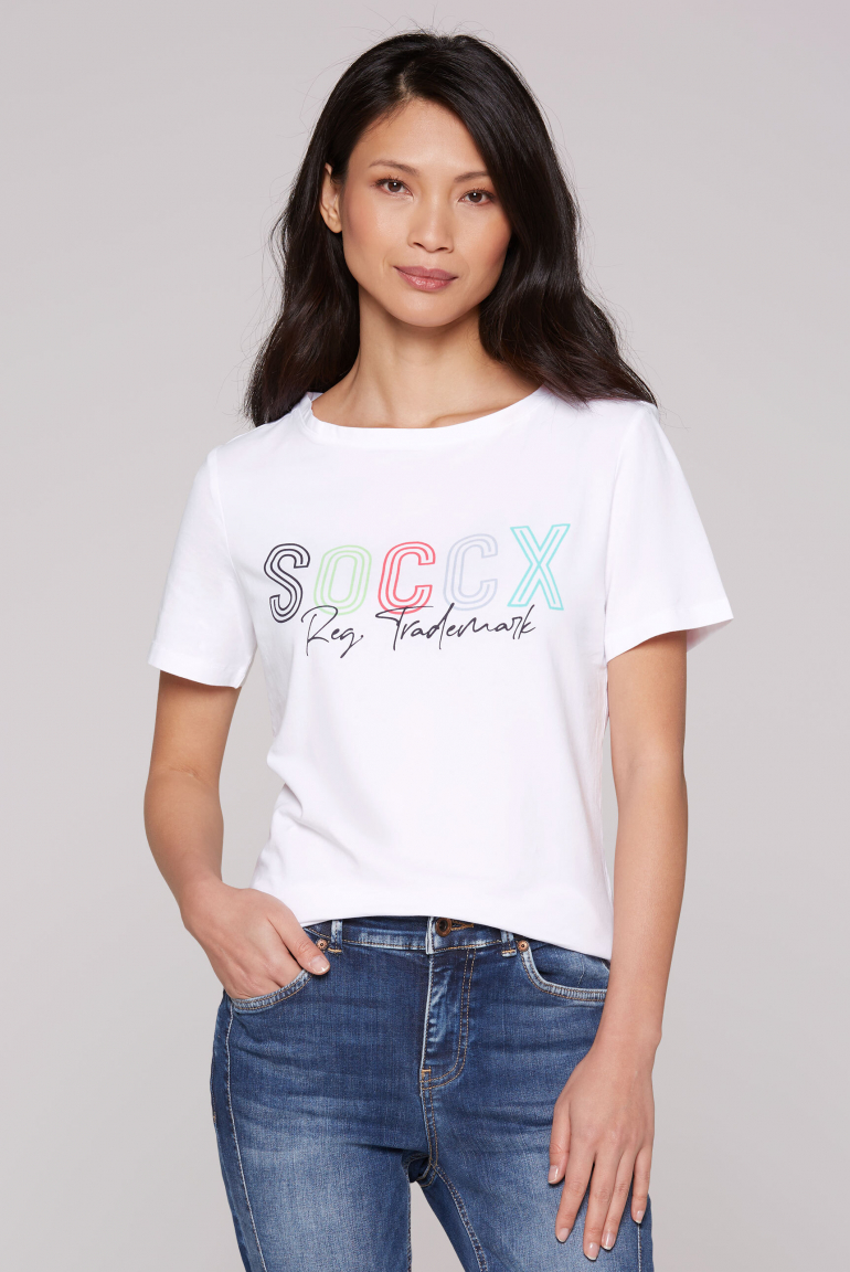 Basic T-Shirt mit U-Boot-Ausschnitt und Logo opticwhite