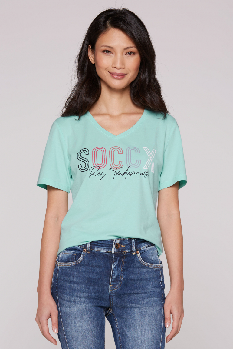 Basic T-Shirt mit V-Ausschnitt und Logo aqua splash