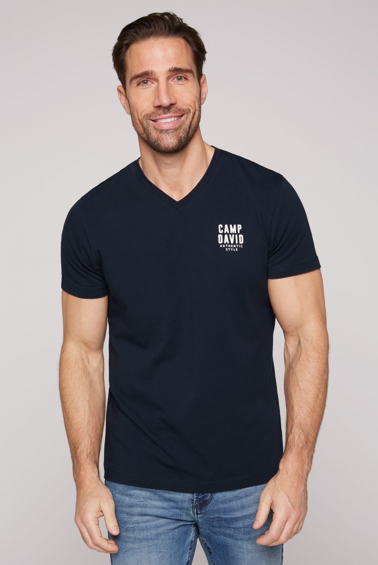 Basic T-Shirt V-Neck mit Logo Print blue navy