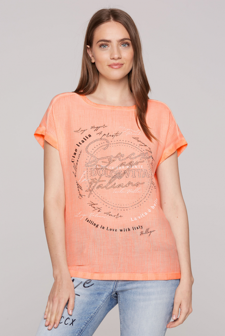 Blusenshirt mit Crash-Effekt und Artwork electric orange