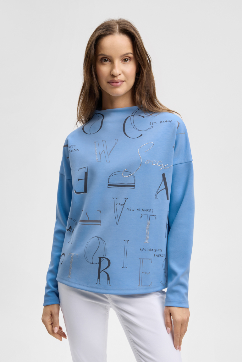 Boxy-Sweatshirt mit Print und Schmucksteinen blue heaven