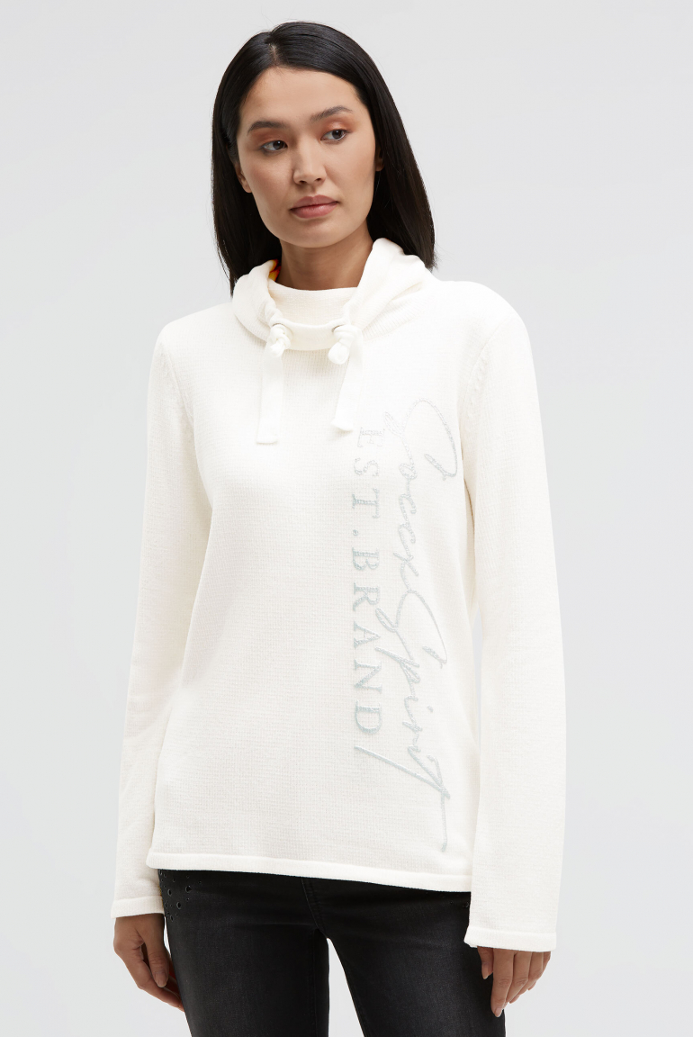 Chenille-Pullover mit hohem Kragen und Artwork ivory