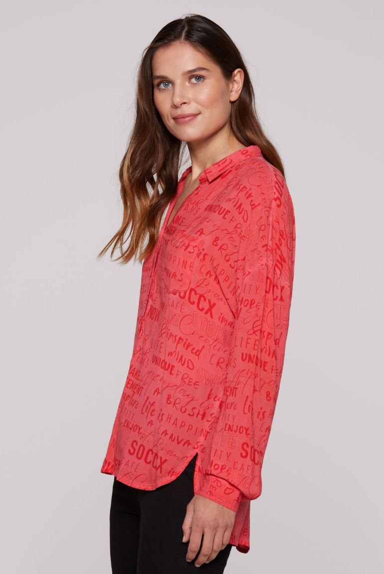 Fließende Langarmbluse mit All Over Print juicy coral