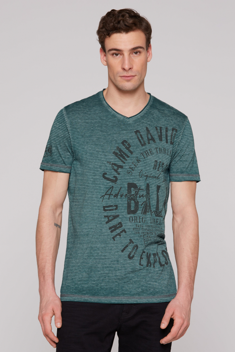 Gestreiftes Ausbrenner-Shirt mit V-Neck und Prints evergreen