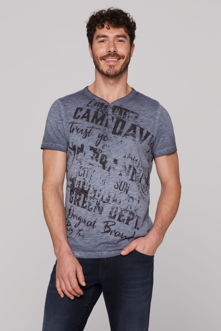 Henley-Shirt mit Wording Print im Used Look blue grey