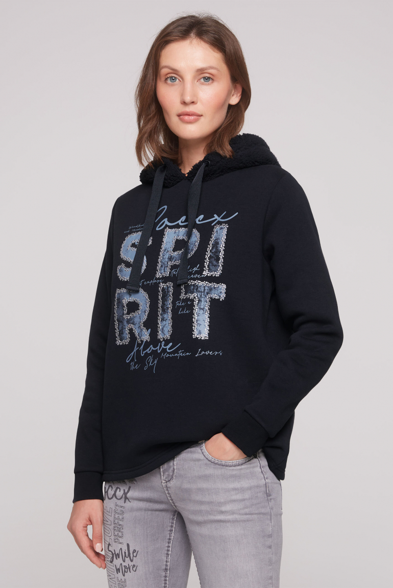 Hoodie mit Kapuze im Sherpa-Look und Artwork blue navy