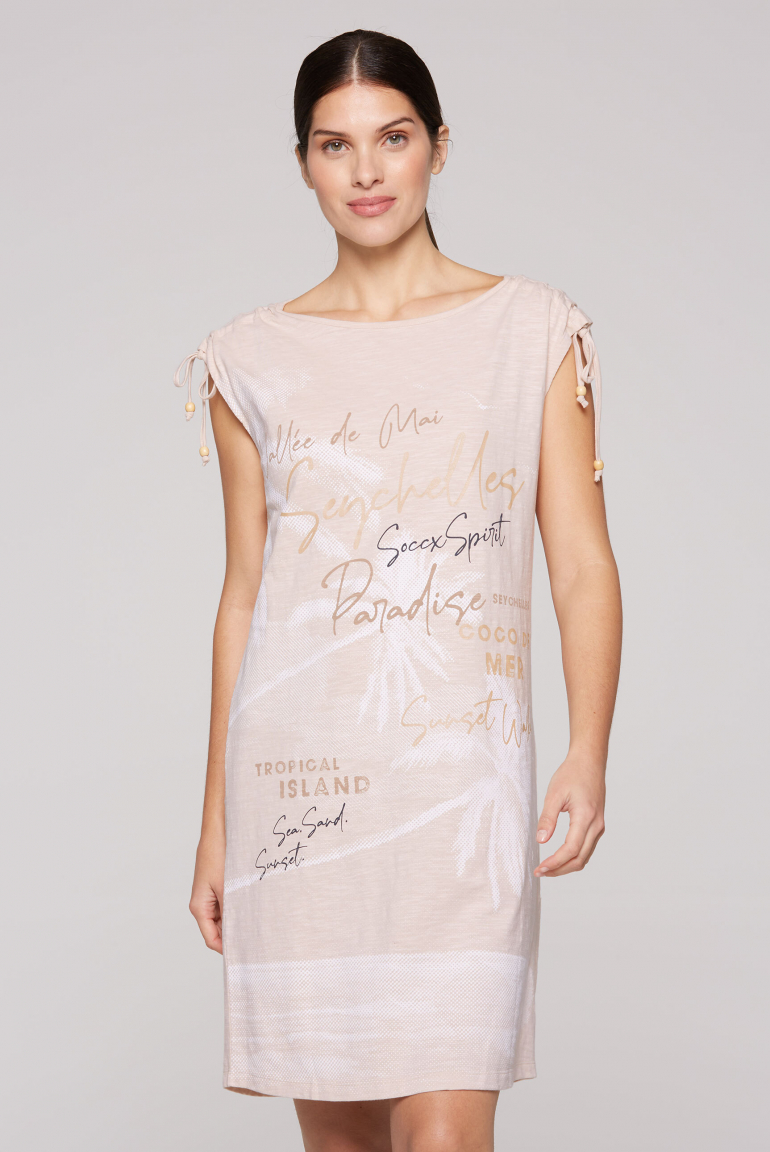Jersey-Kleid mit gerafften Schultern und Artwork milky beige