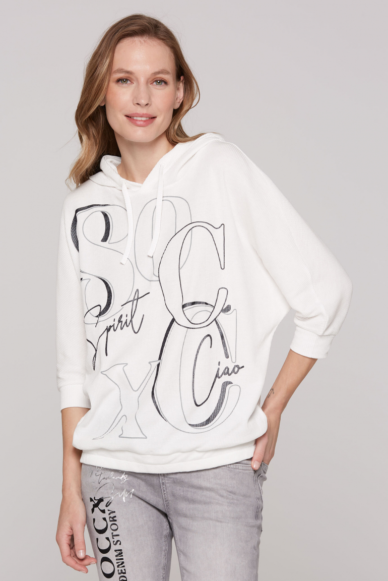 Kapuzensweatshirt mit kurzen Ärmeln und Rubber Logo ivory