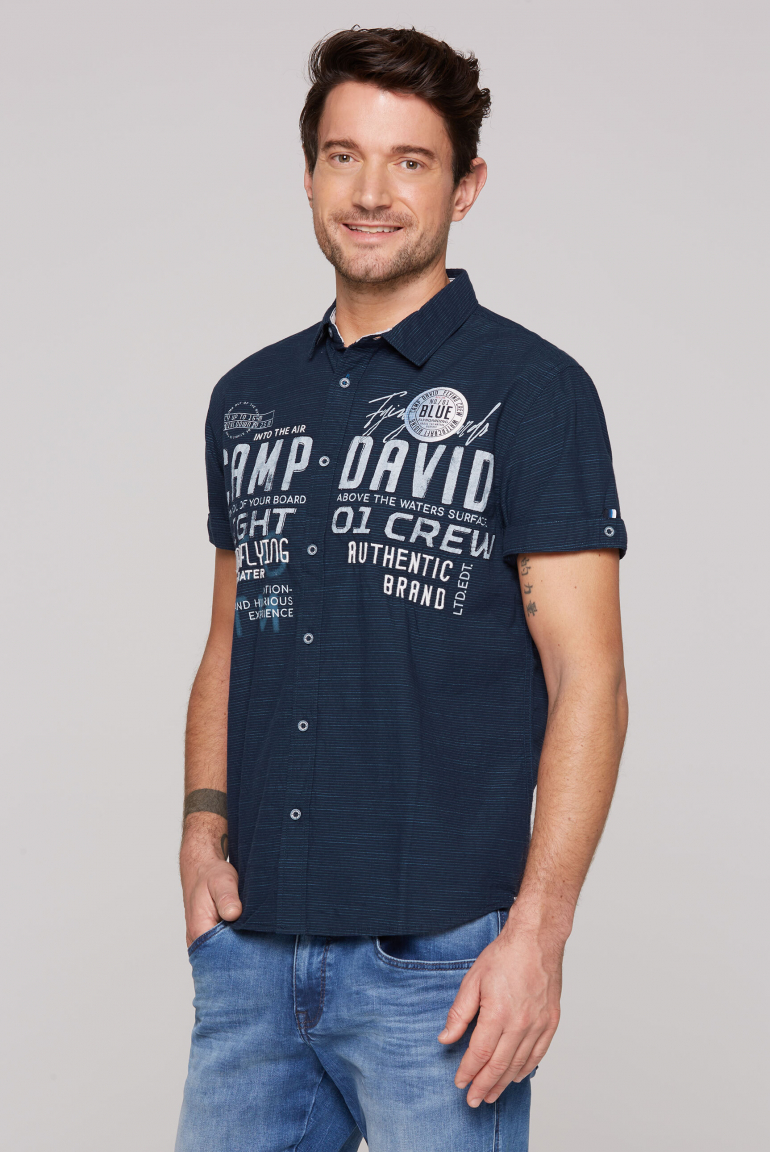 Kurzarm-Streifenhemd mit Label-Stickereien navy
