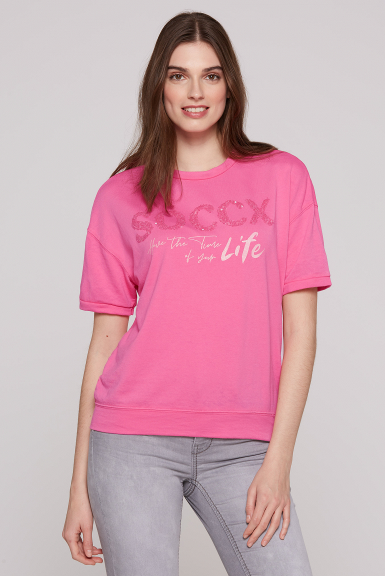 Kurzarm-Sweatshirt mit Pailletten-Logo floral pink