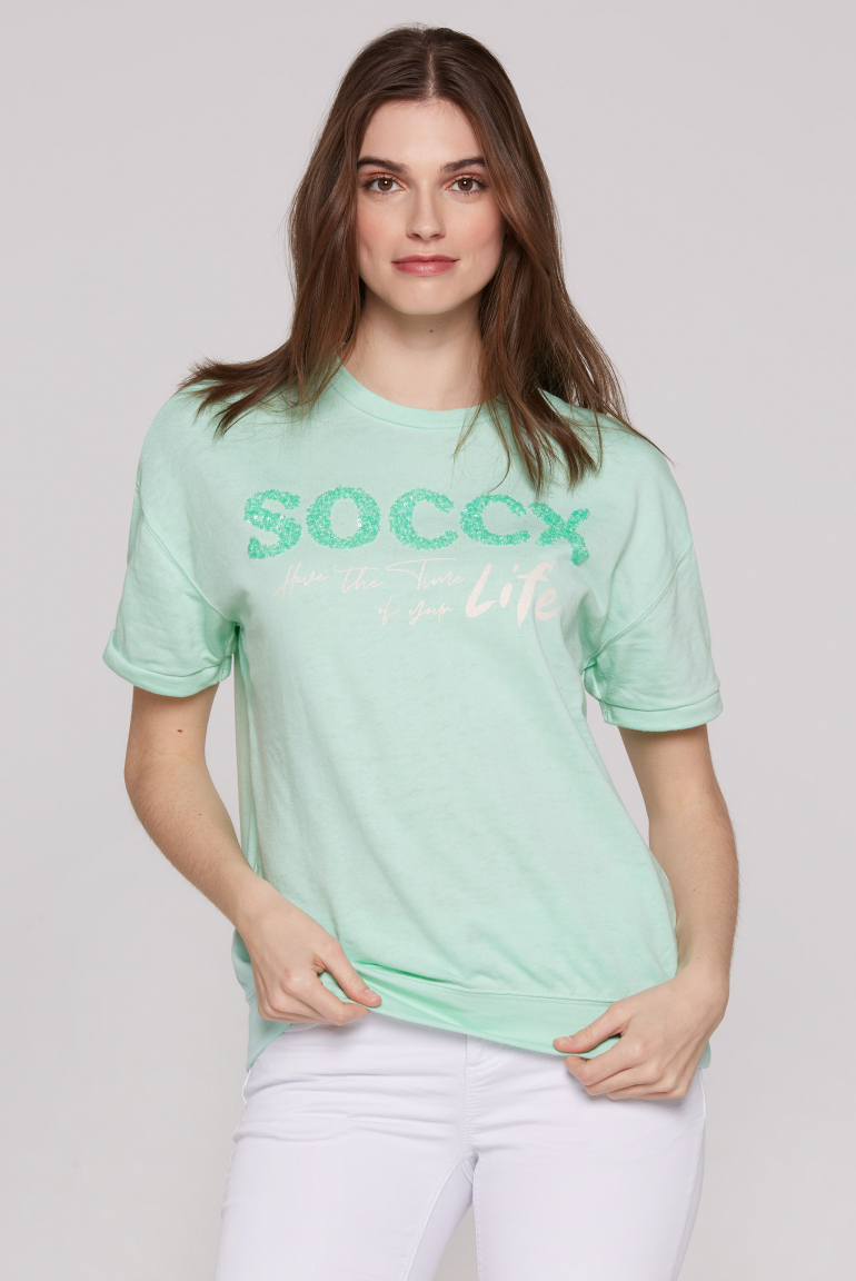 Kurzarm-Sweatshirt mit Pailletten-Logo leafy mint