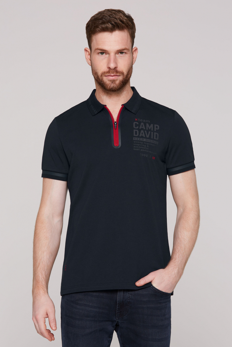 Kurzarmpolo mit Zipper und Folienprints blue navy