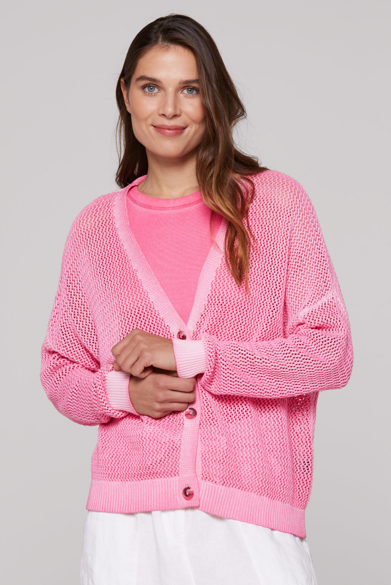 Kurze Strickjacke mit Meshstruktur floral pink