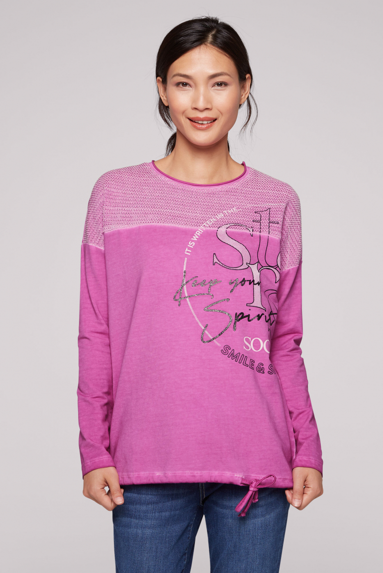 Langarmshirt mit Chenillestrick und Glitter Print iced berry