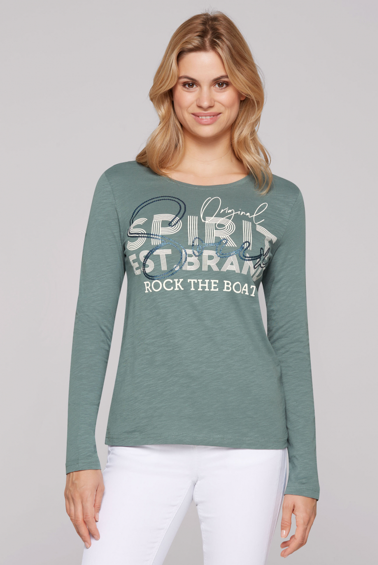 Langarmshirt mit Glitter Logo Print dark sage
