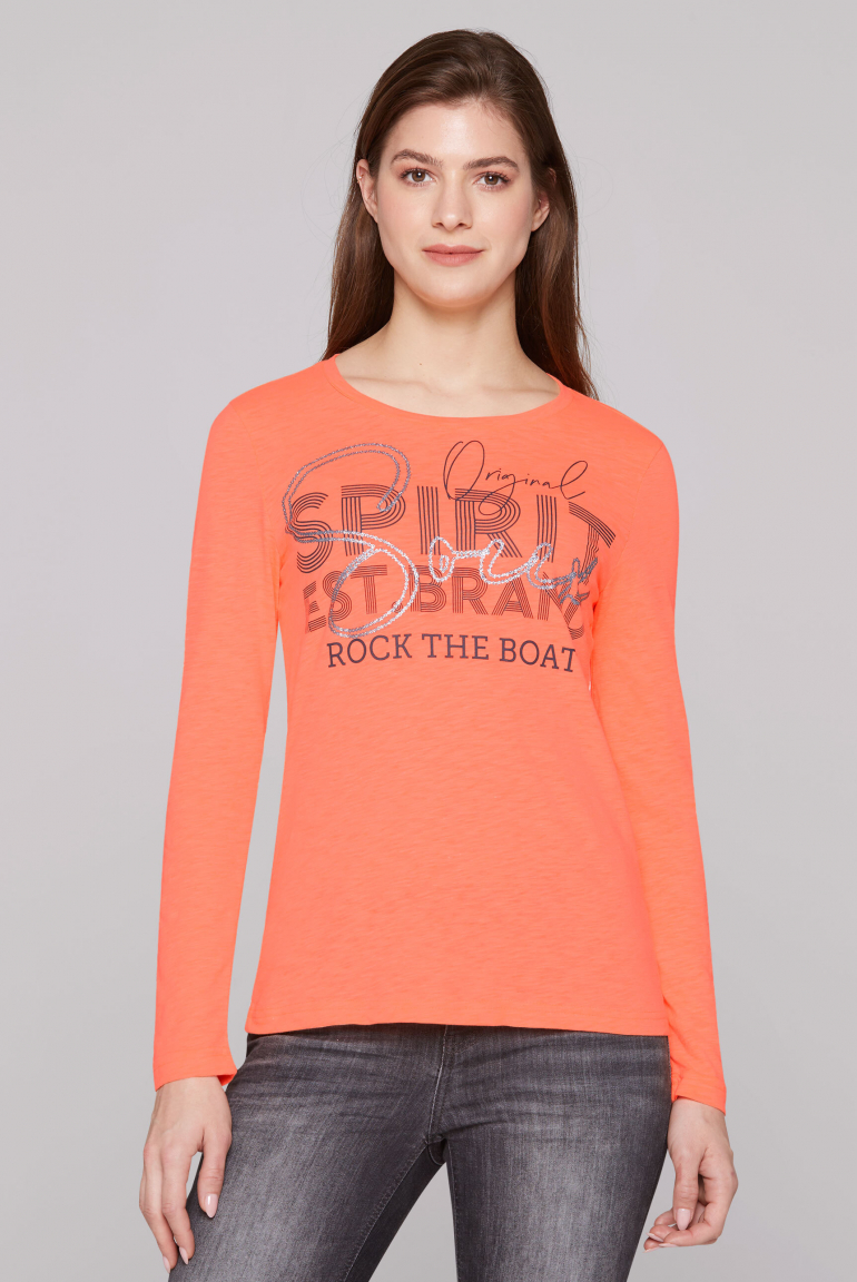 Langarmshirt mit Glitter Logo Print neon orange