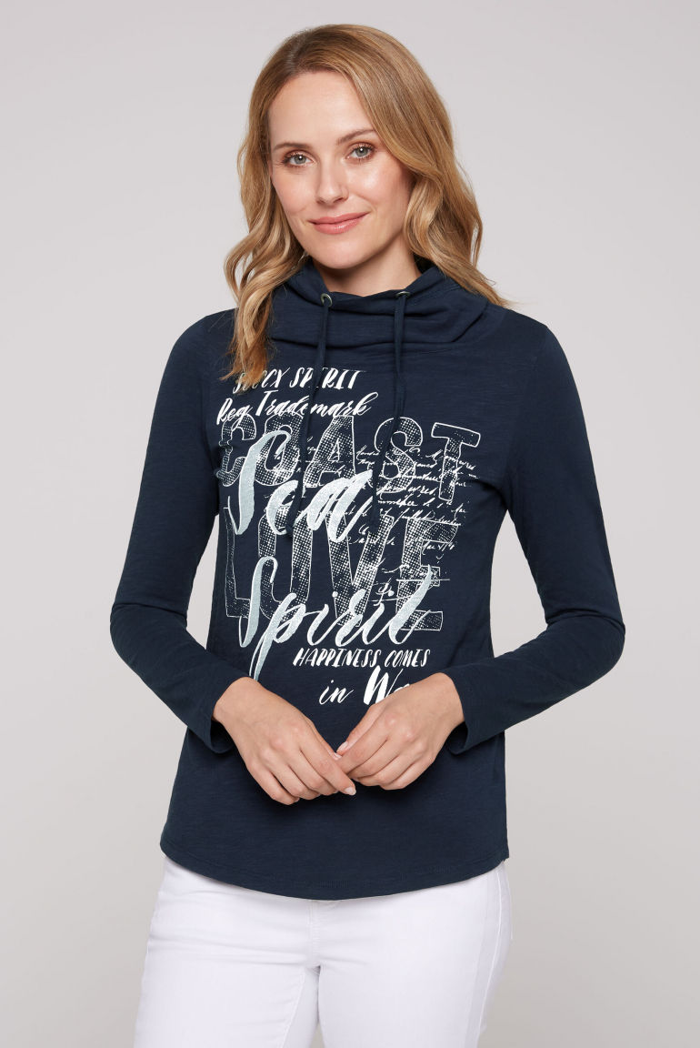 Langarmshirt mit hohem Kragen und Glitter Print nautic navy