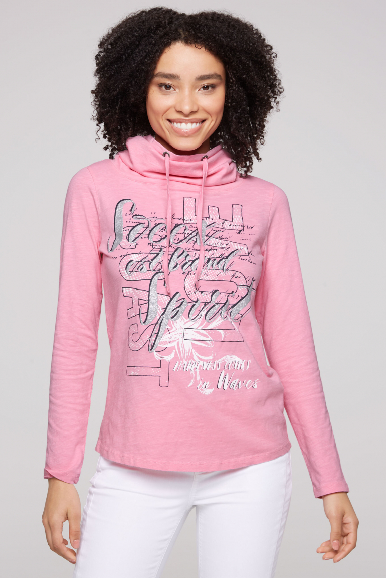 Langarmshirt mit hohem Kragen und Glitter Print faded pink