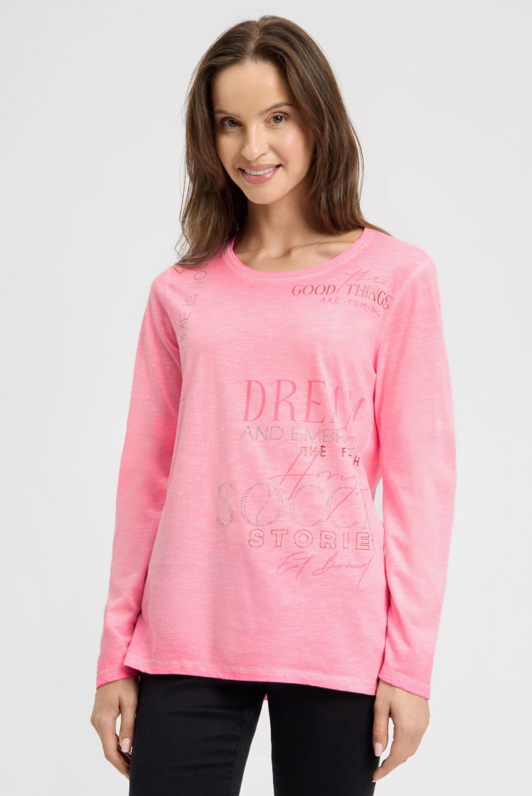 Langarmshirt mit Print und Schmucksteinen neon rose