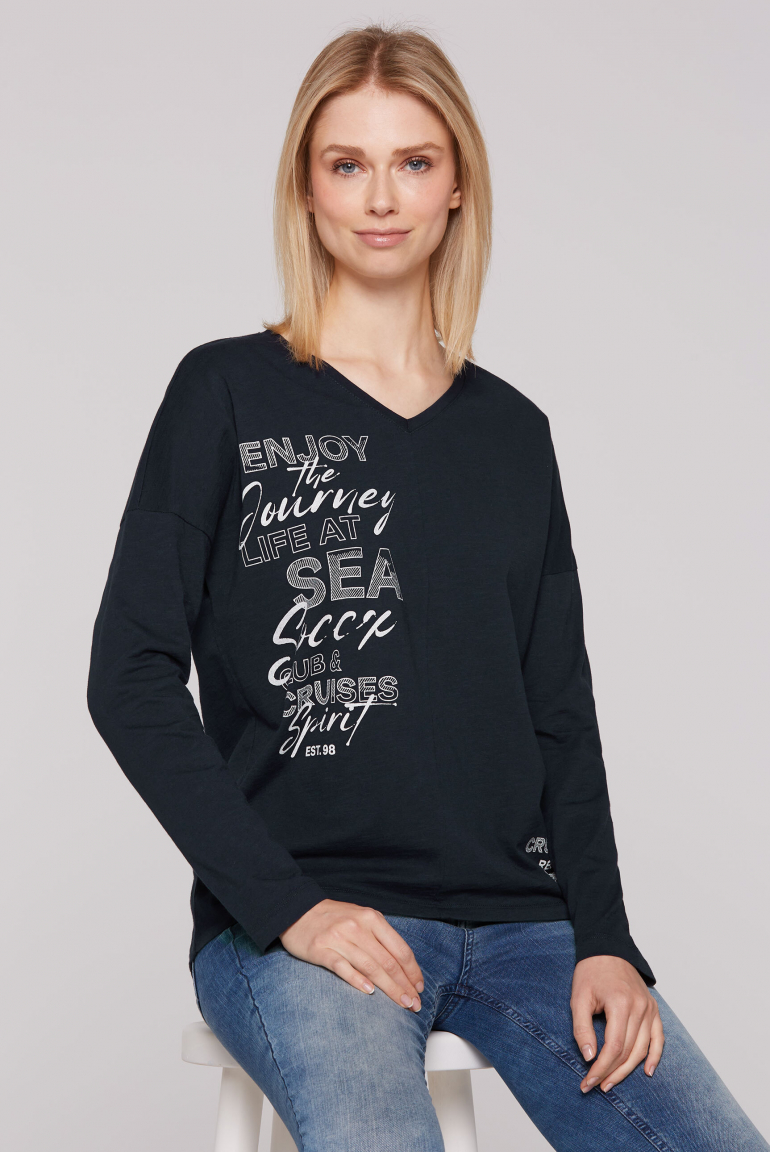Langarmshirt mit V-Ausschnitt und Prints blue navy